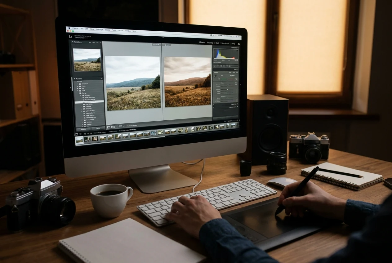 Balanced still image being shaped into a finished color look with controlled warmth, contrast, and tonal direction