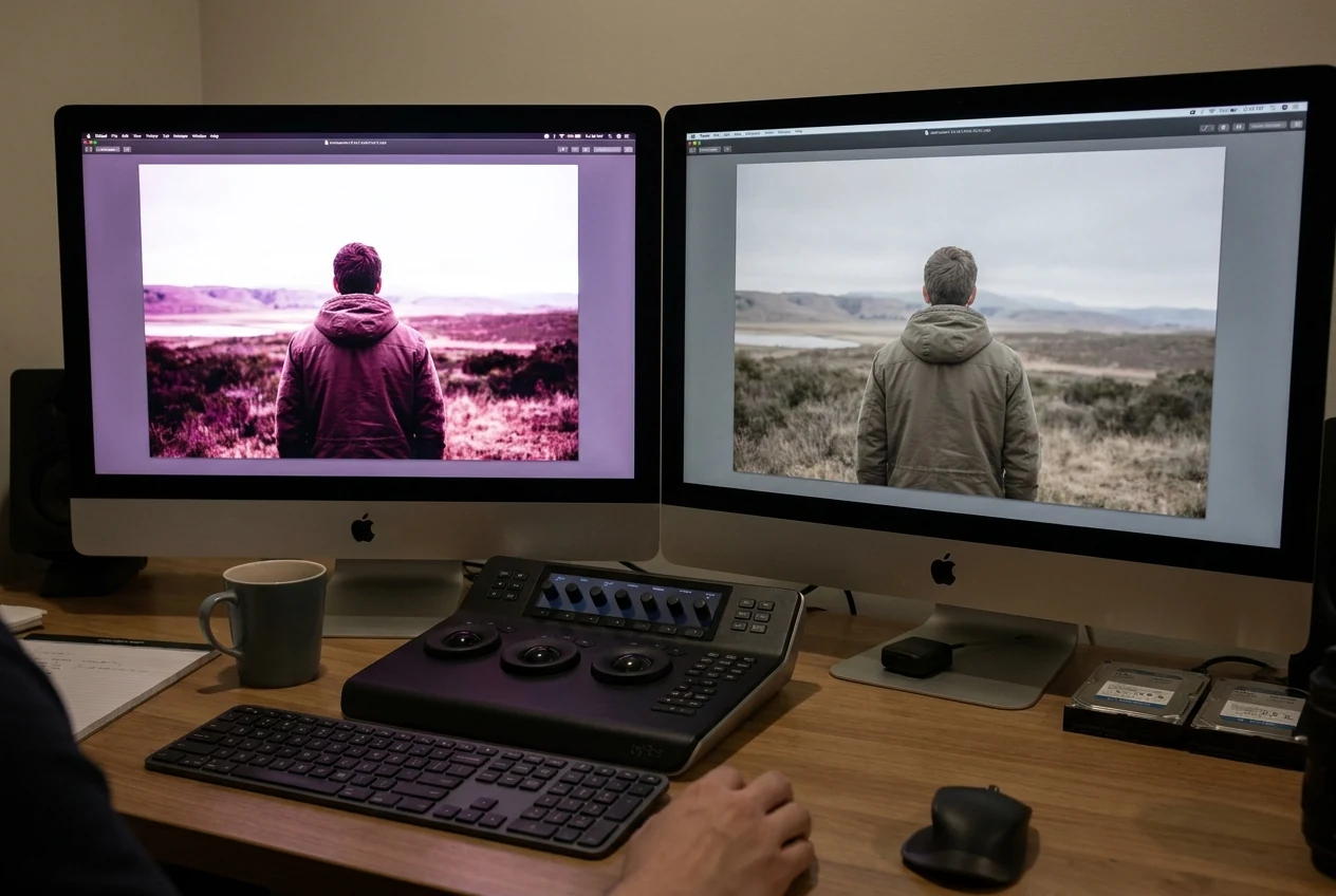 Comparison scene showing why correction comes before grading in a still-image editing workflow