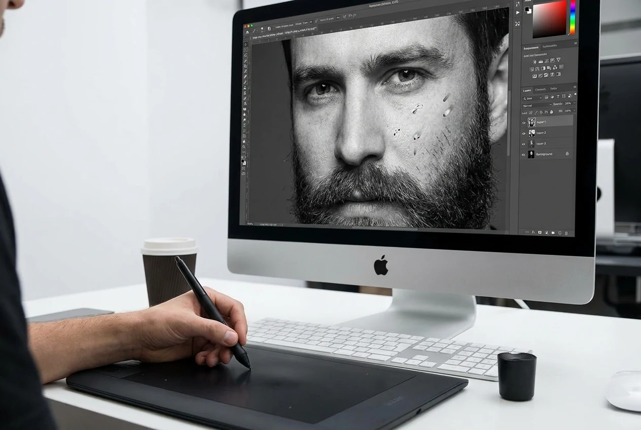 Black and white portrait being prepared before colorization with tonal cleanup, detail review, and light defect correction