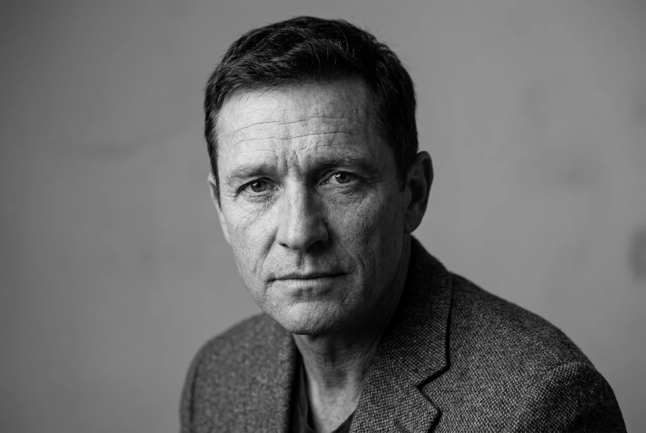 Non-Asian black and white portrait with clear facial detail, readable clothing edges, and strong separation that would respond well to colorization