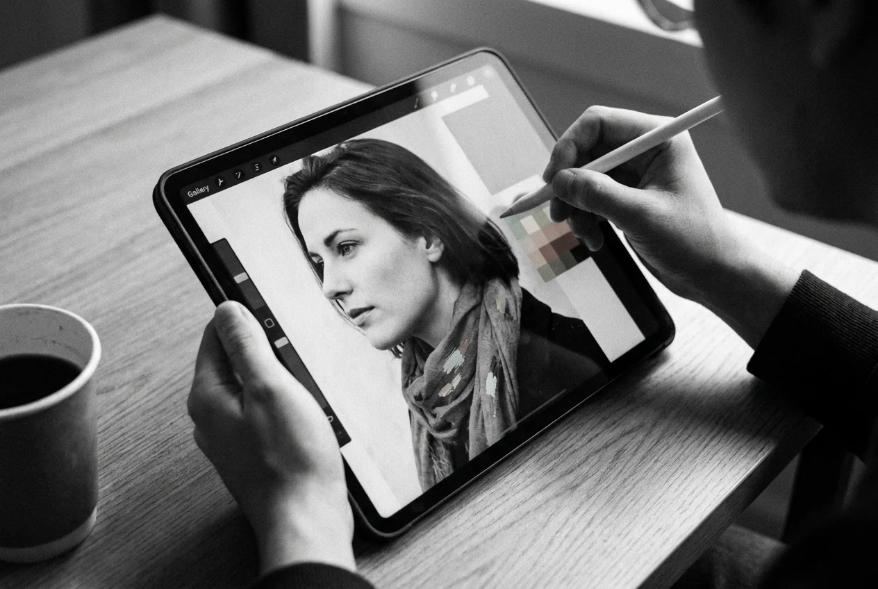 Non-Asian black and white portrait being evaluated before color is added, showing that photo colorization needs judgment rather than a quick filter