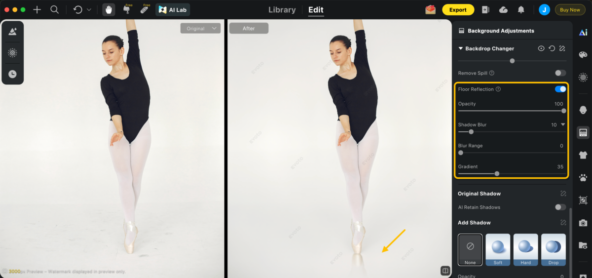 Dançarina com reflexo no chão criado com o Evoto