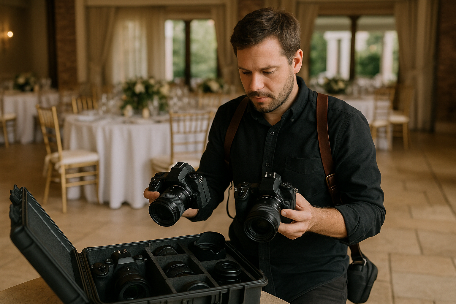 Hochzeitsfotograf prüft mehrere Kameragehäuse in einer Event-Location – als Übersicht für unterschiedliche Anforderungen in der Hochzeitsfotografie