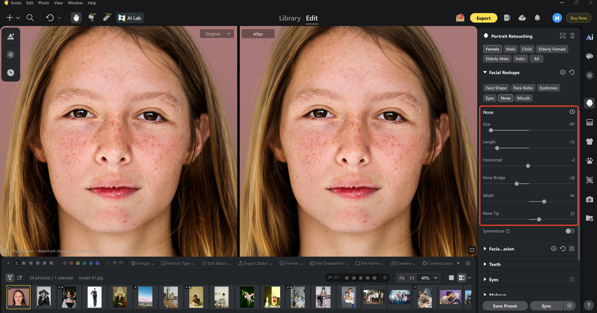 evoto portrait retouching nose width tip real ui Interface Evoto — panneau Remodelage Facial avec curseurs Nez : Largeur, Pointe du nez, Taille