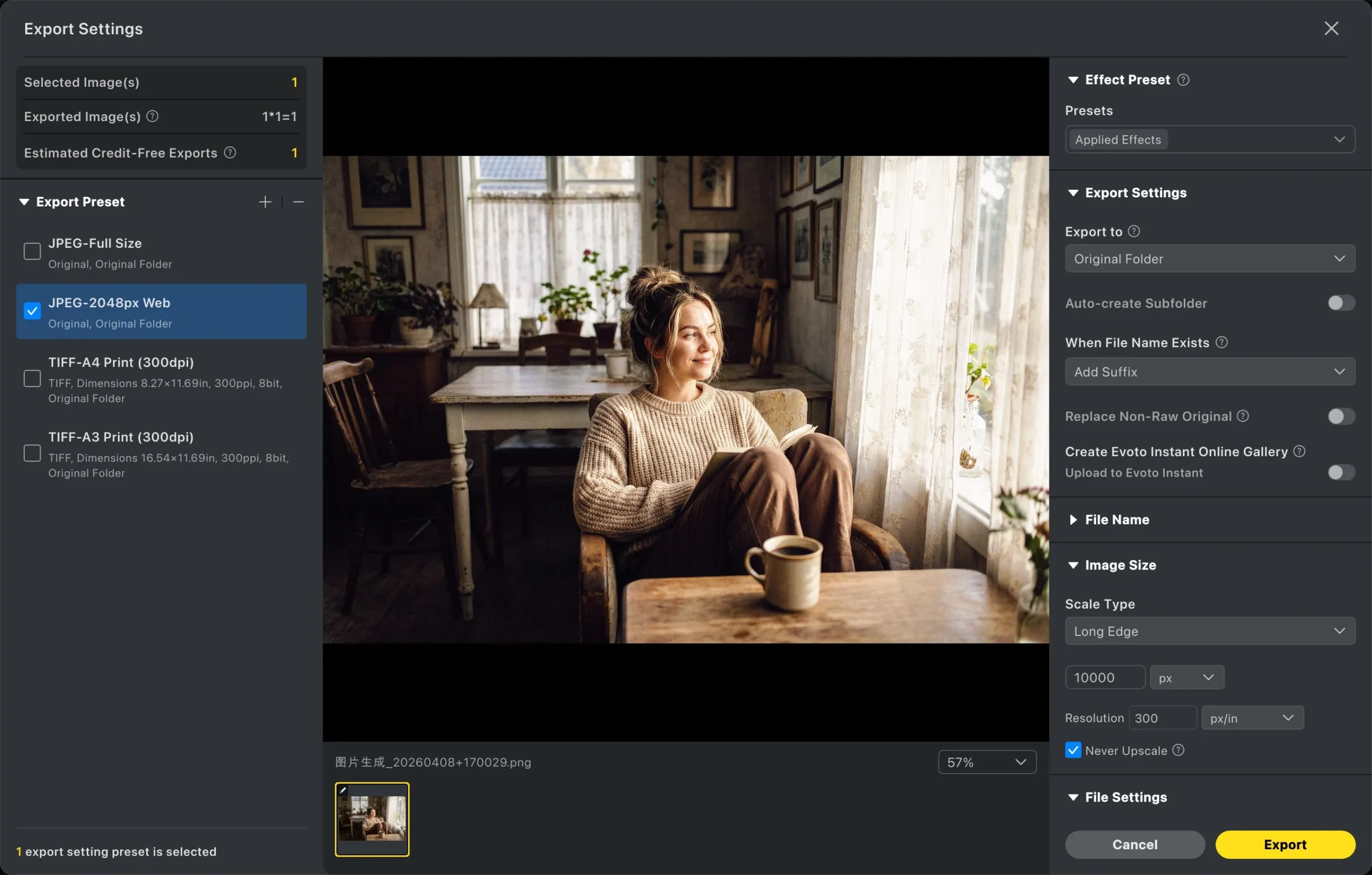 Exportación final de una foto con efecto vintage desde Evoto