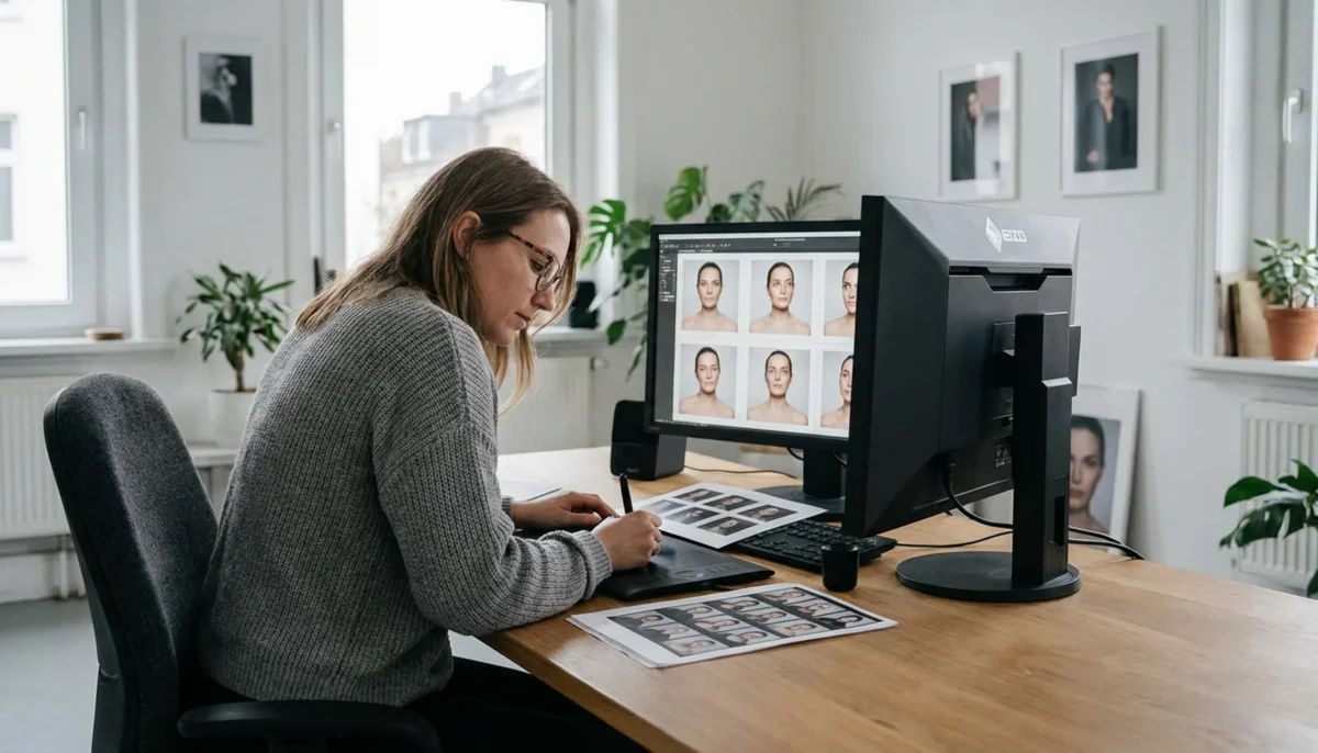 Retoucher reviewing a portrait contact sheet and checking subtle eye direction differences on a calibrated monitor
