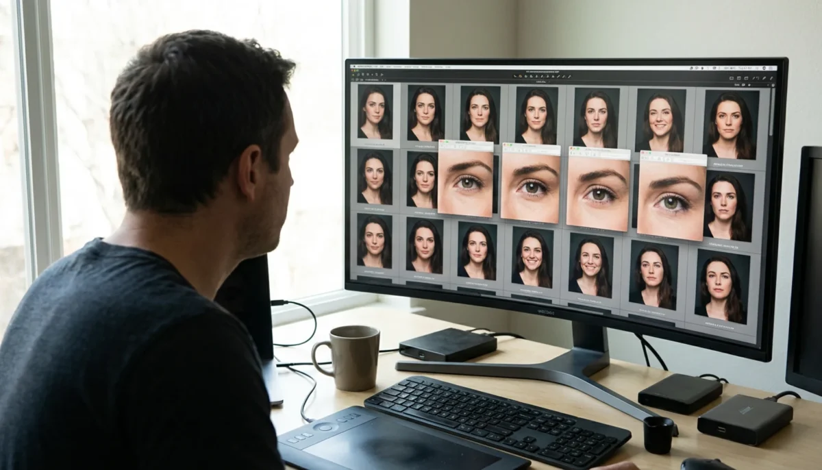 Portrait editor batch-processing headshots and zooming into eye direction details while matching results across a session