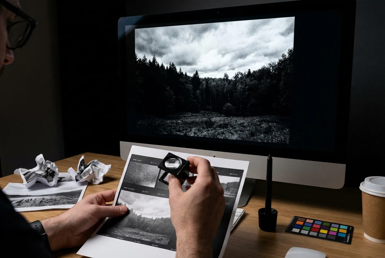 Photo review scene showing a high contrast image pushed too far, with blocked shadows and harsh texture making the frame feel damaged instead of strong