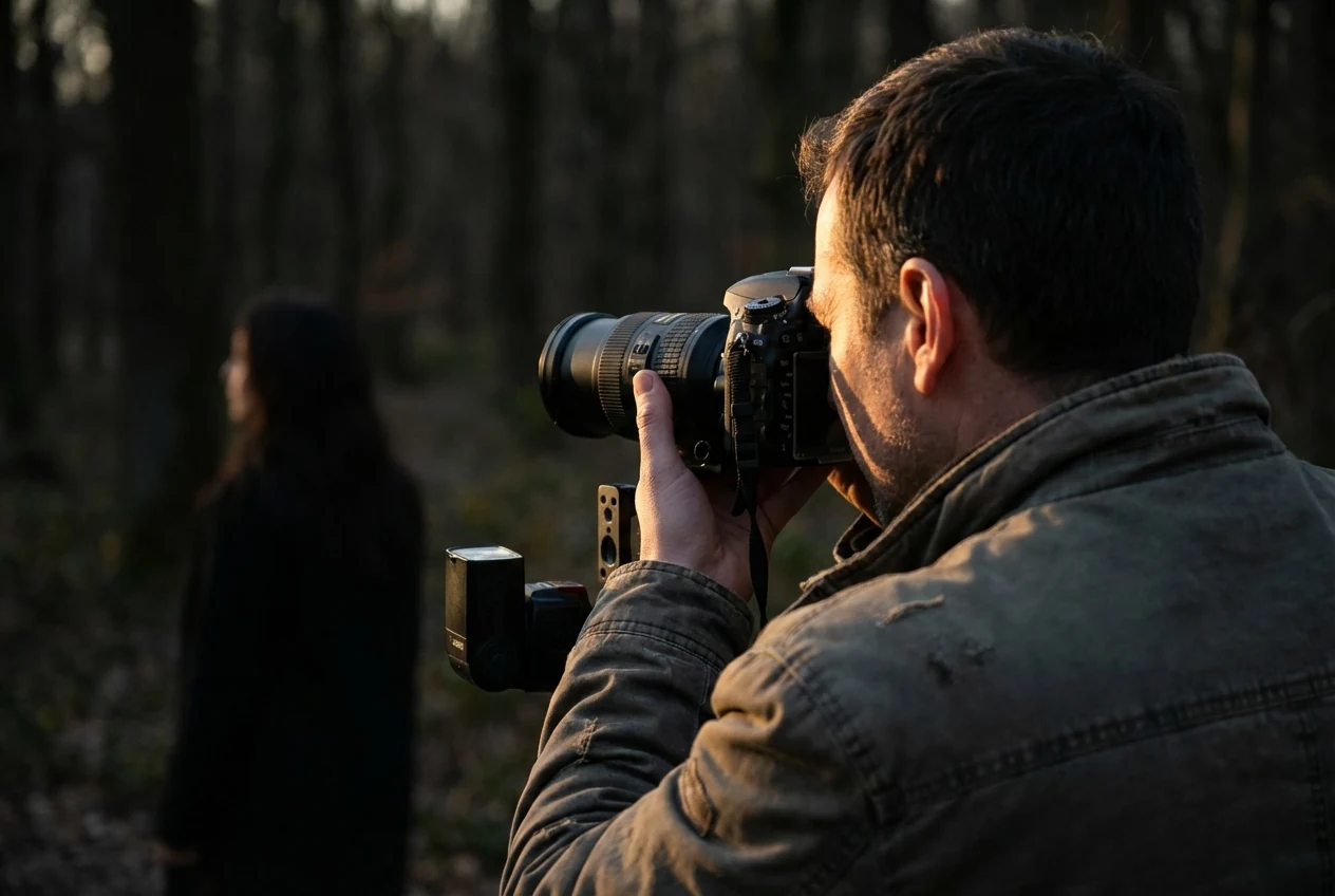 Photographer composing a subject against a darker background with strong side light and clear edges to build a high contrast image more intentionally