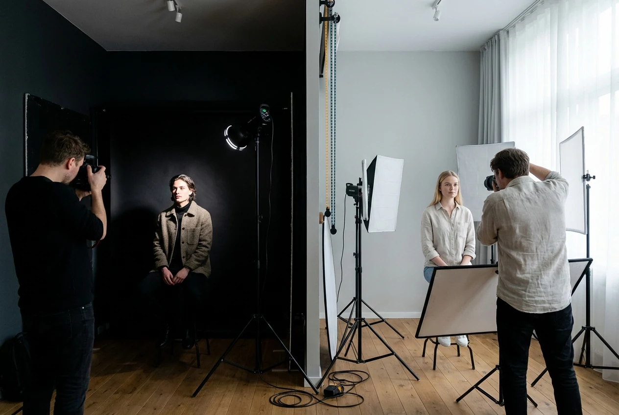 high contrast images vs low contrast images difference nano r1 Portrait comparison scene showing a more dramatic high-contrast look and a gentler low-contrast look through tone, not just brightness