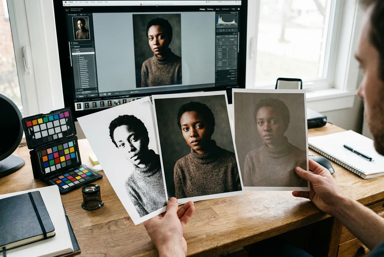 high contrast images vs low contrast images too harsh or flat nano r1 Editing judgment scene showing one image that feels too harsh and another that feels too flat, with the subject still needing clear separation