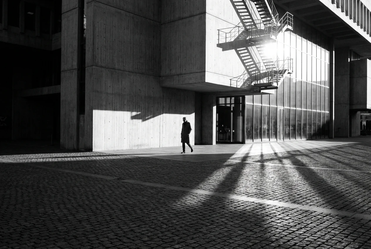 High contrast black-and-white street or architectural scene where strong light and shadow show the kinds of photos that benefit most from this look