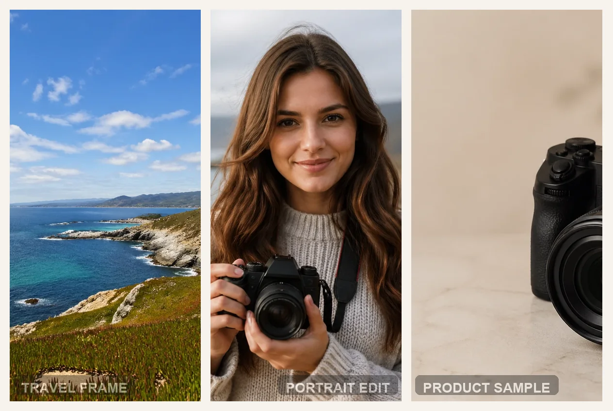 Three still-photo examples showing watermark behavior across portrait, landscape, and product-style images