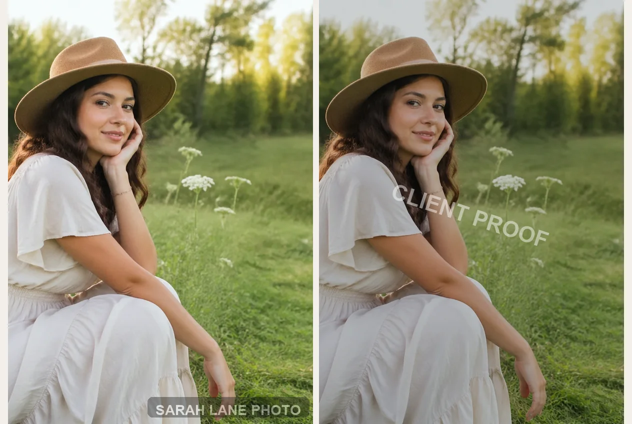 Comparison-style still photo showing a subtle corner watermark and a stronger proof-style watermark placement for different uses