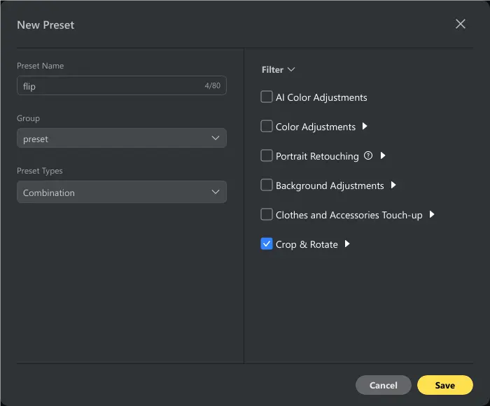 Salvar preset para aplicar espelhamento em várias imagens