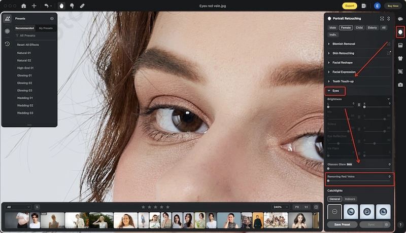 Remover olhos vermelhos no painel de olhos do Evoto