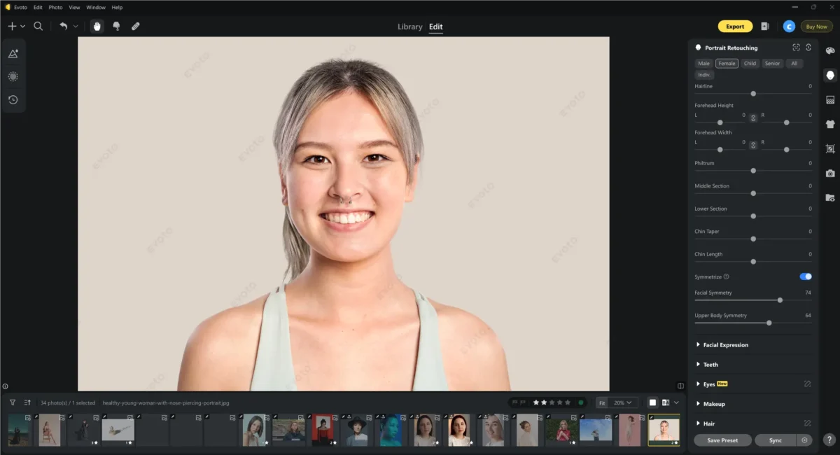 Ajustar intensidade da simetria facial no Evoto