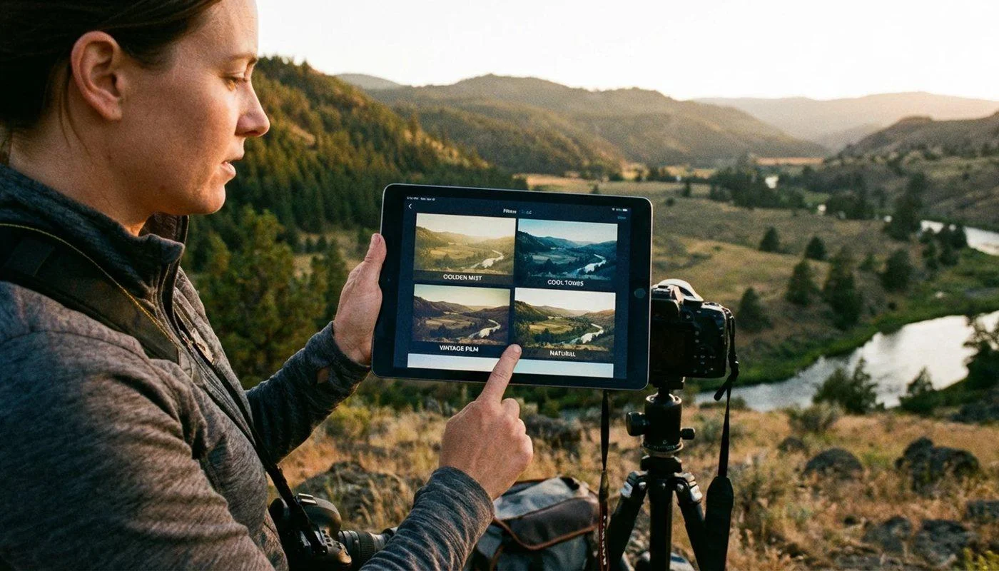 Photographer holding a tablet displaying different filter options over a landscape photo, warm outdoor lighting
