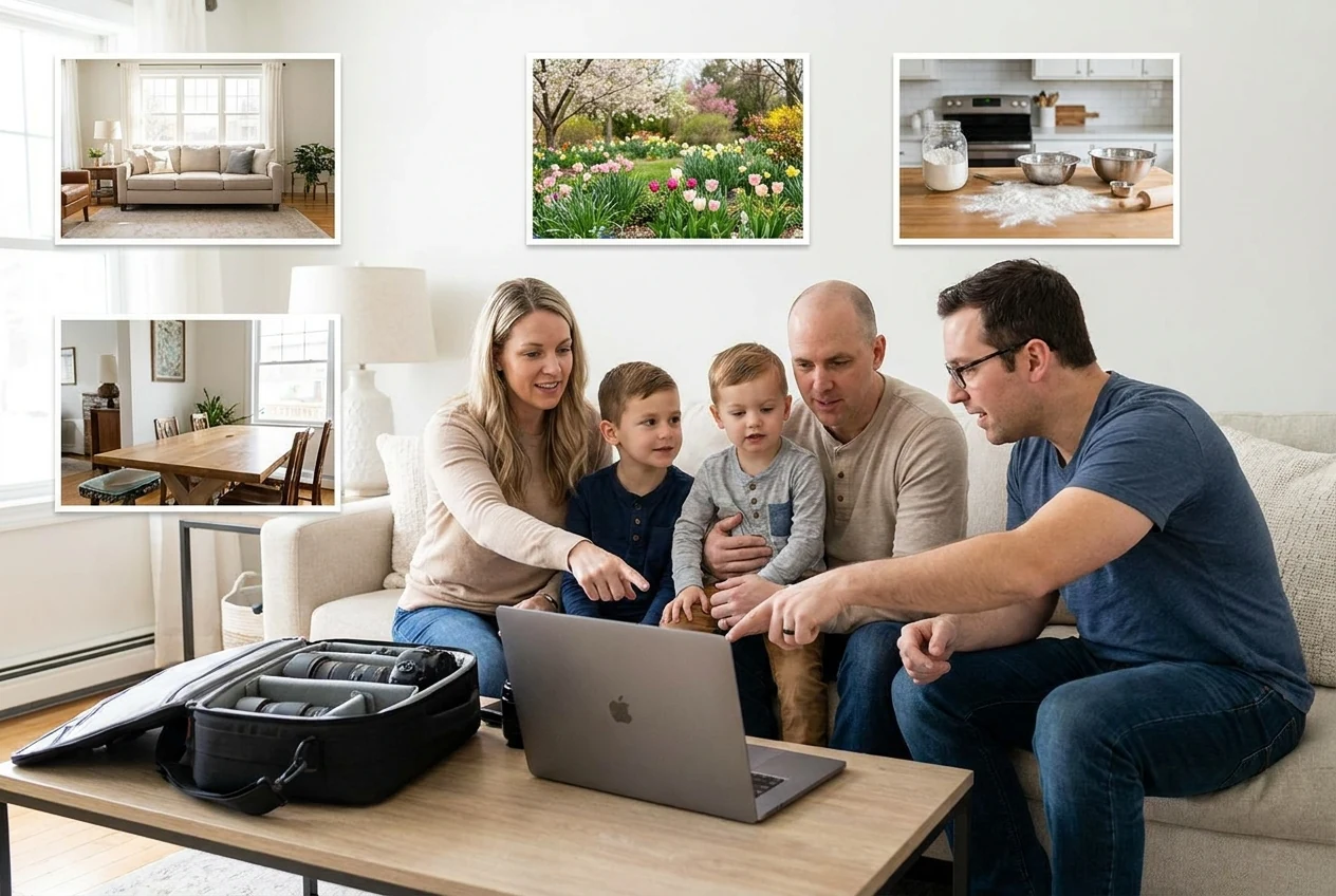 Non-Asian family choosing between a home setting, a spring garden, and a meaningful everyday activity for a Mother's Day session