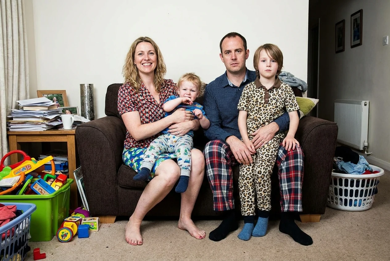 Non-Asian family session showing clutter, stiff grouping, and distracting outfit choices as examples of common Mother's Day photoshoot mistakes