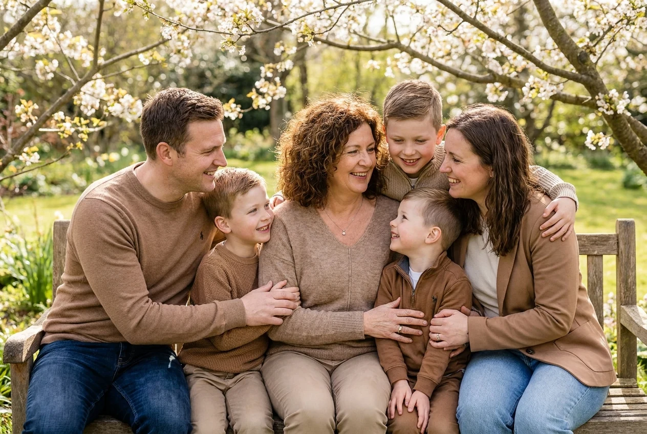 Non-Asian mother surrounded by family in a warm, personal Mother's Day portrait that feels simple, connected, and complete