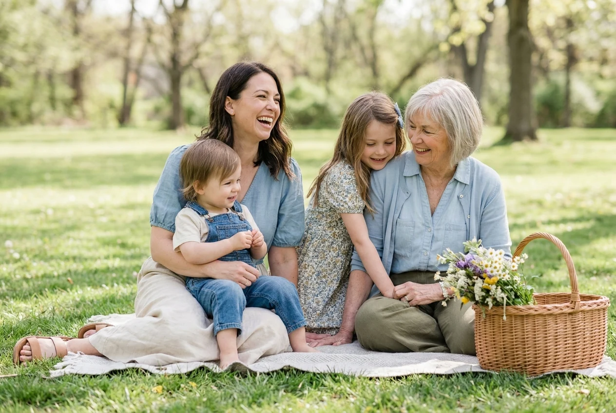 Non-Asian mother and family in softly coordinated outfits with clean colors and textures that photograph well together without exact matching