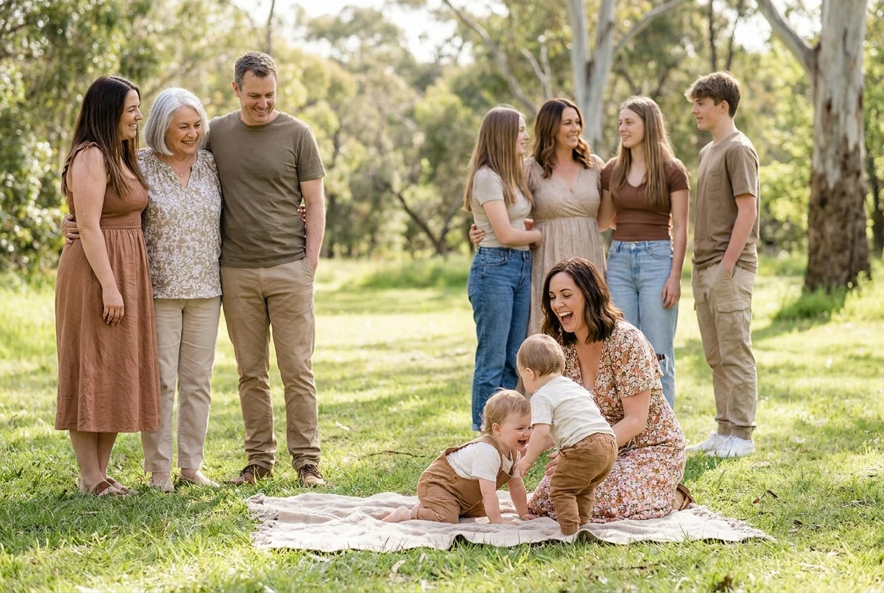 Non-Asian mother photographed with toddlers, teens, adult children, and grandma in a mix of posed and candid family combinations