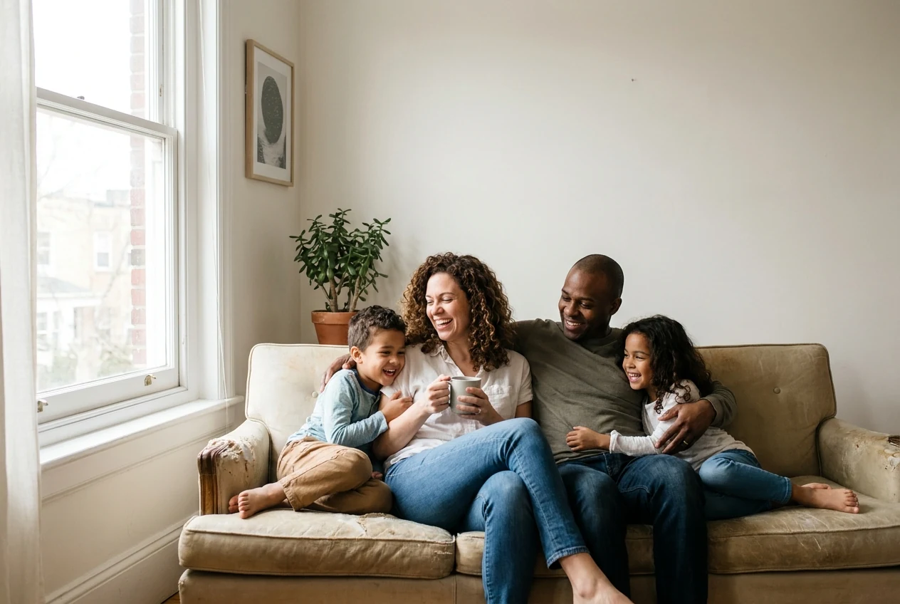 Non-Asian family photographed in clean window light or soft outdoor shade with a simple background and natural interaction for an easy Mother's Day session