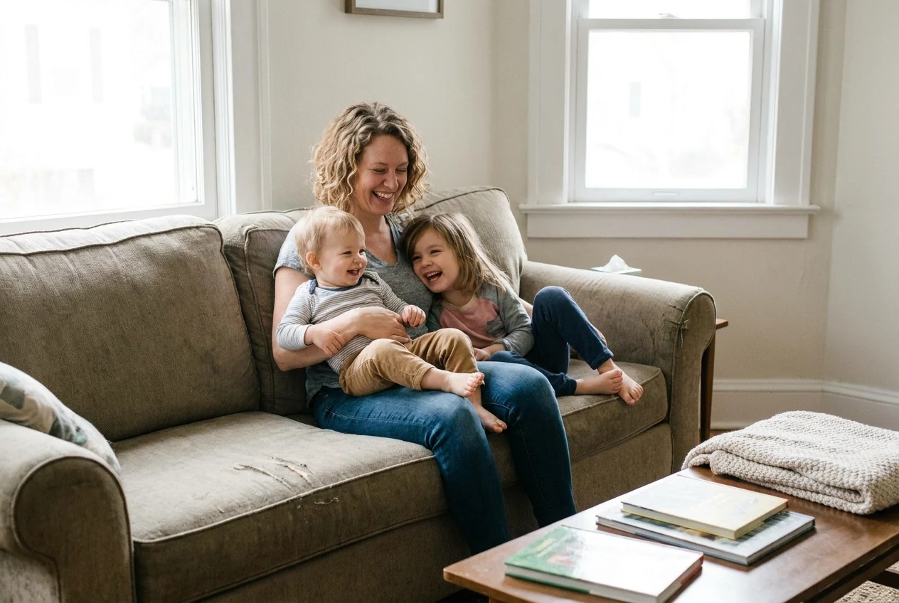 Non-Asian mother and children sharing a simple at-home moment on a couch to show how connection matters more than props in a Mother's Day session