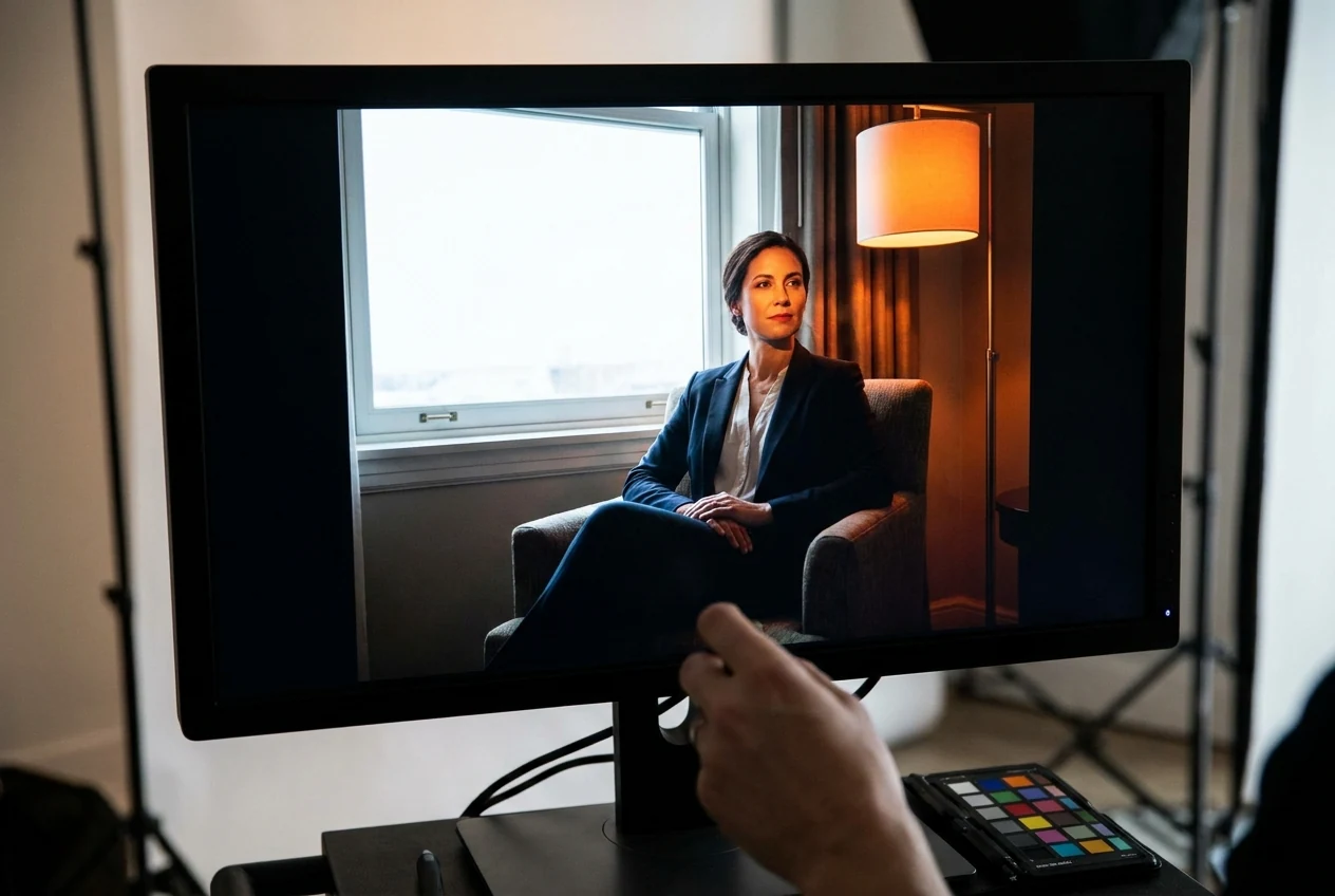 Client-facing portrait or editorial scene where mixed light, bright background competition, and poorly controlled shadows create the kind of lighting mistake that slows down post