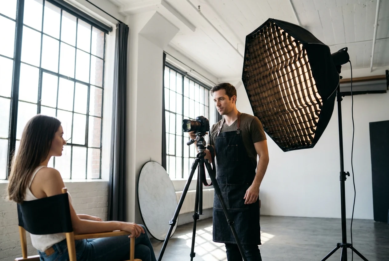 Working photographer choosing between available light and added light in a client setup, with one controlled key light giving more repeatable subject separation and color consistency