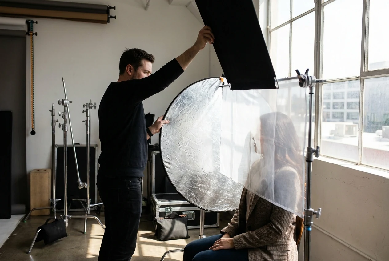 Photographer shaping a client setup with a reflector, diffusion, and flag so the light is refined by control tools instead of by adding unnecessary extra heads