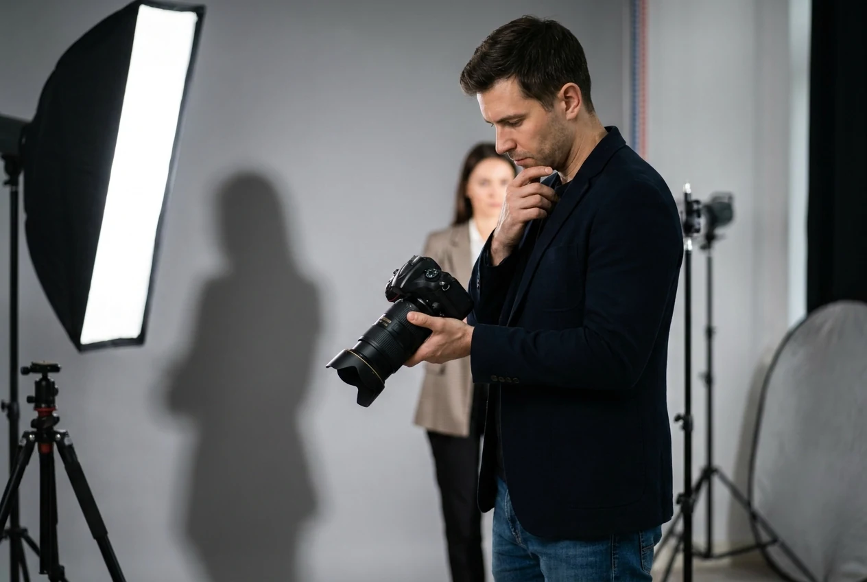 Professional portrait or editorial setup with controlled side light, readable shadow shape, and clear subject separation showing how a photographer evaluates a usable scene