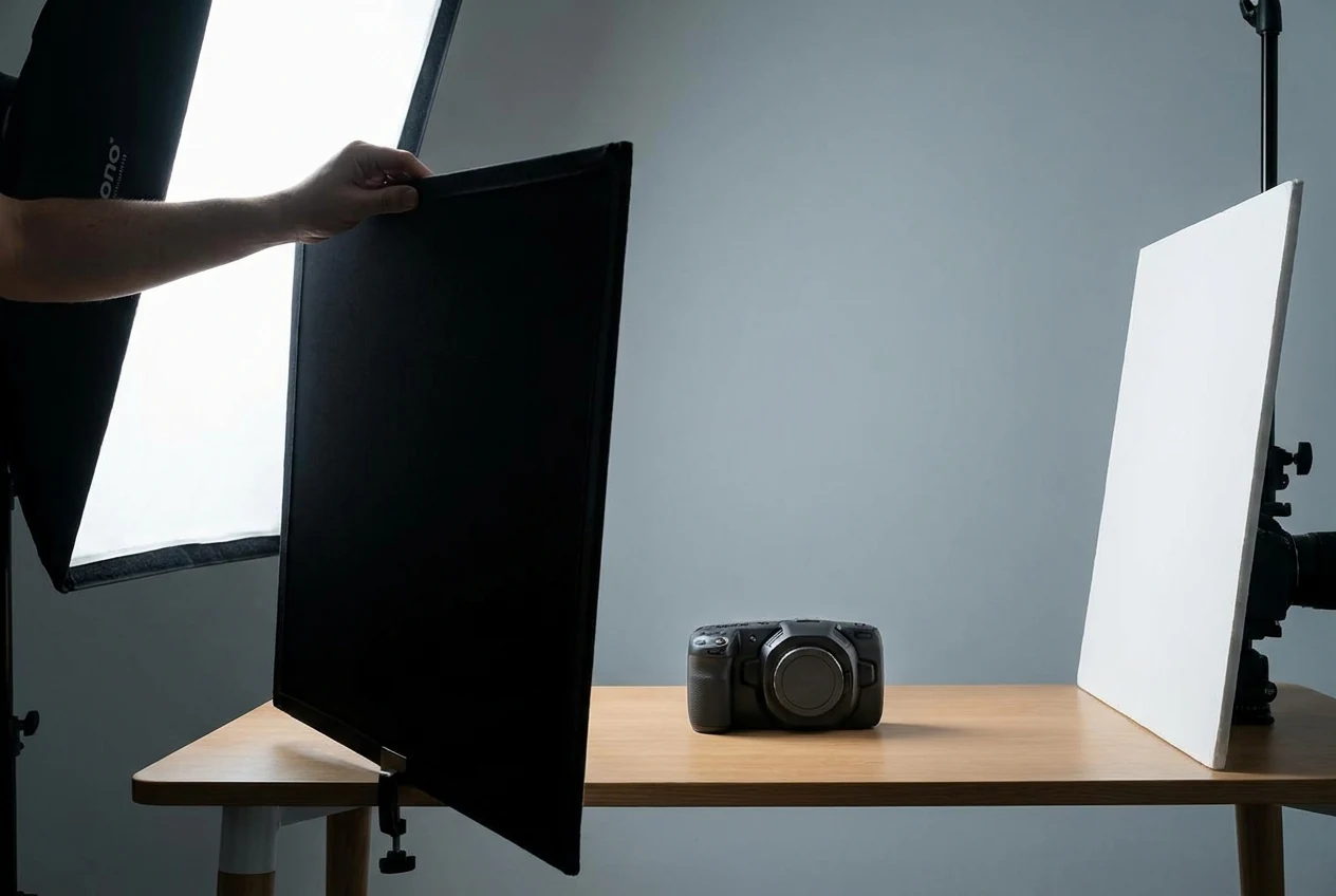 Portrait or product session using diffusion, bounce, and negative fill to refine shadow shape and contrast without turning the setup into an overlit multi-light mess