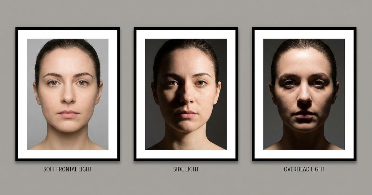 portrait lighting comparison nose shadows Comparaison d'éclairage portrait : lumière latérale dure vs lumière frontale douce pour affiner le nez