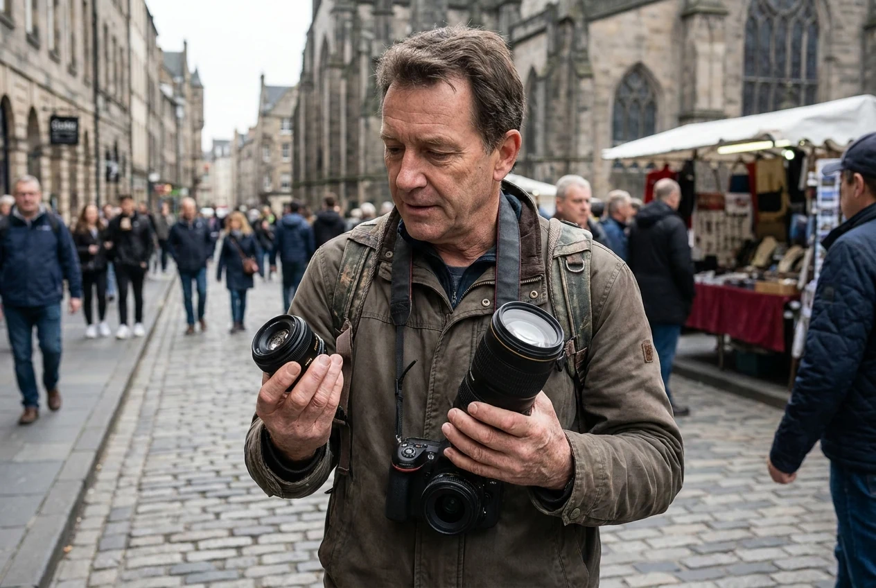 On-location lens decision scene showing a non-Asian photographer choosing between a compact prime and a larger zoom before shooting