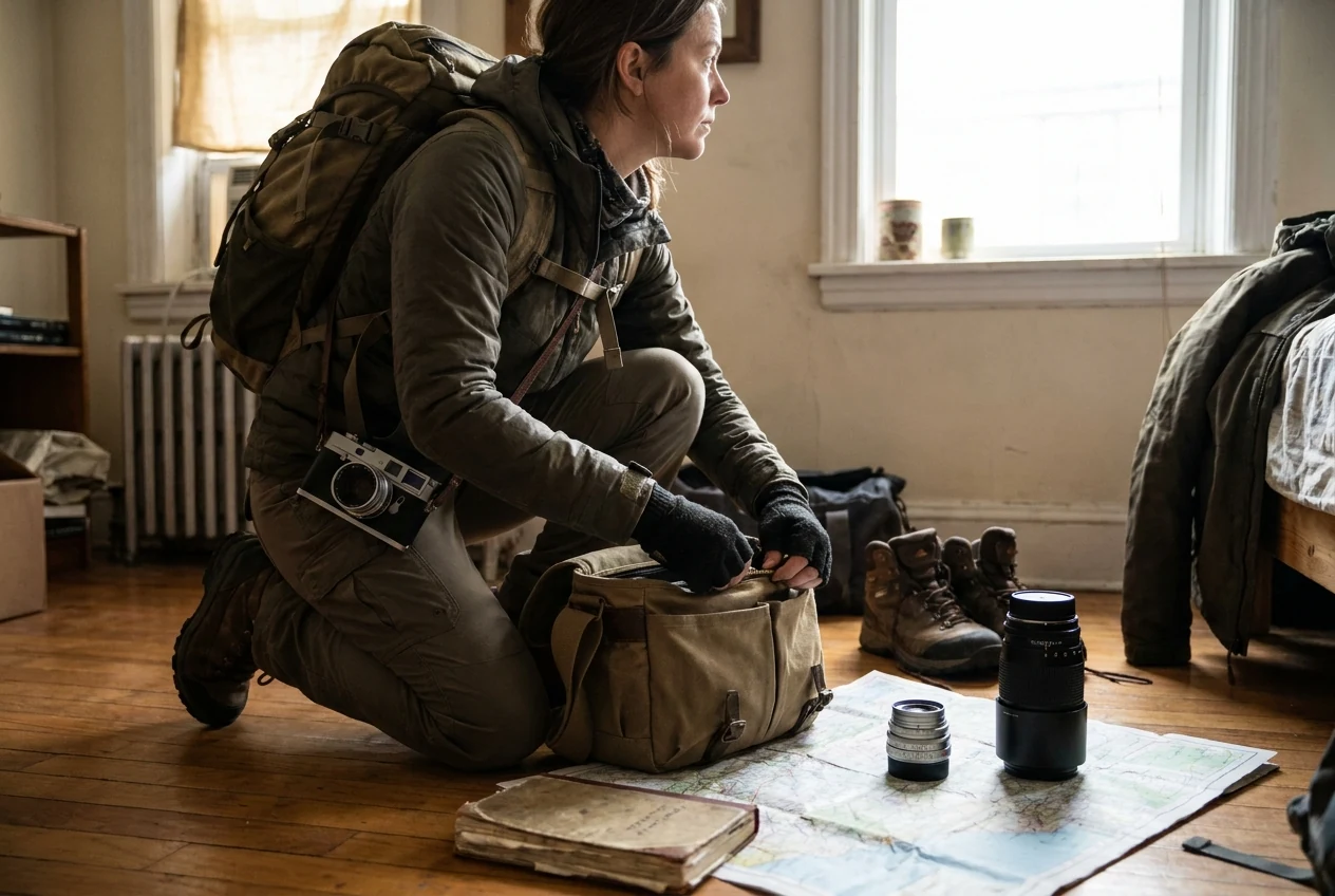 Travel-ready camera bag with a compact prime and a zoom lens beside a non-Asian photographer preparing to shoot, showing a practical first-kit decision