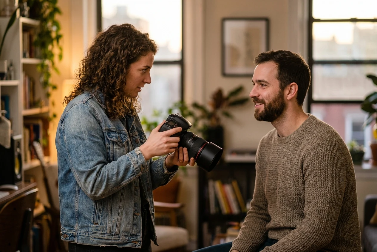 Non-Asian photographer using a fast prime lens for a portrait in soft evening light to show deliberate framing and stronger background blur