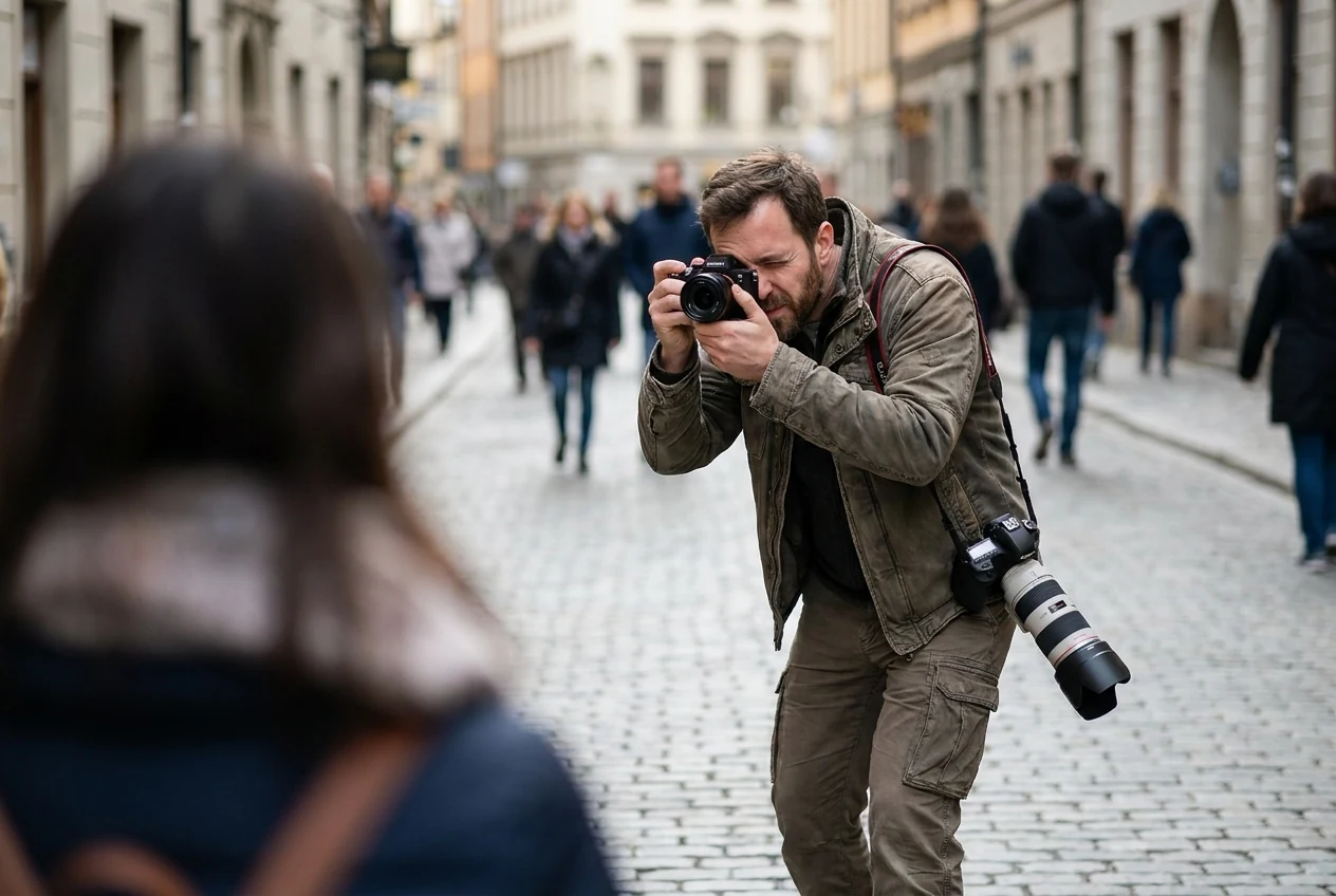Non-Asian photographer stepping closer with a prime lens while keeping a zoom-ready setup nearby to show how lens choice changes movement and framing