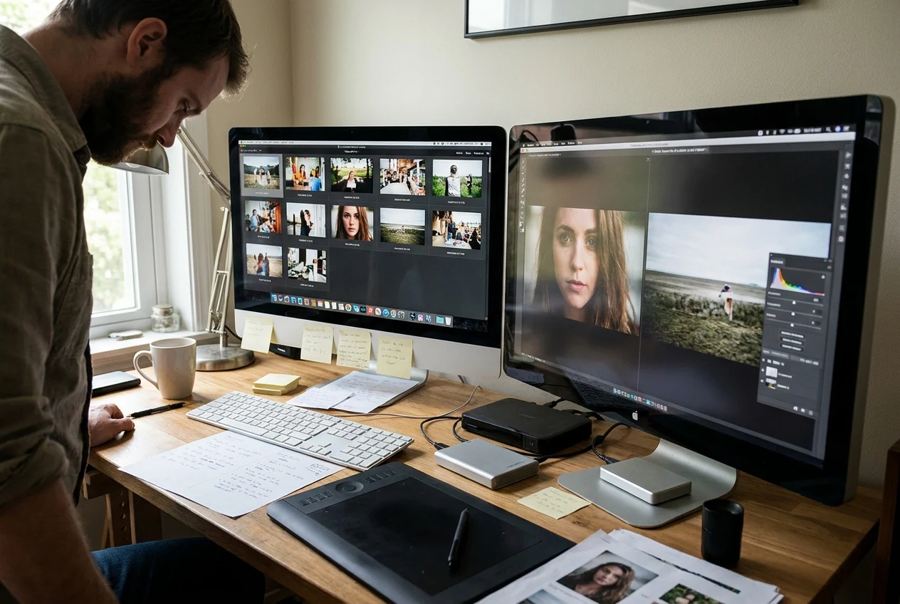 Editing workspace reviewing mixed prime and zoom photos for consistent crop, sharpness, and color after the lens choice is already settled