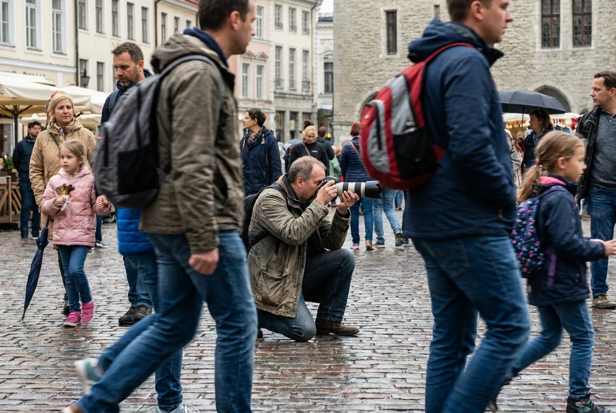 Non-Asian photographer covering a fast-changing travel or event scene with a zoom lens from one position to show flexibility and speed