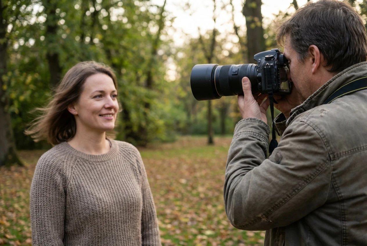 Photographer making a handheld portrait with a medium telephoto lens in soft natural light to illustrate the 1 over focal length rule