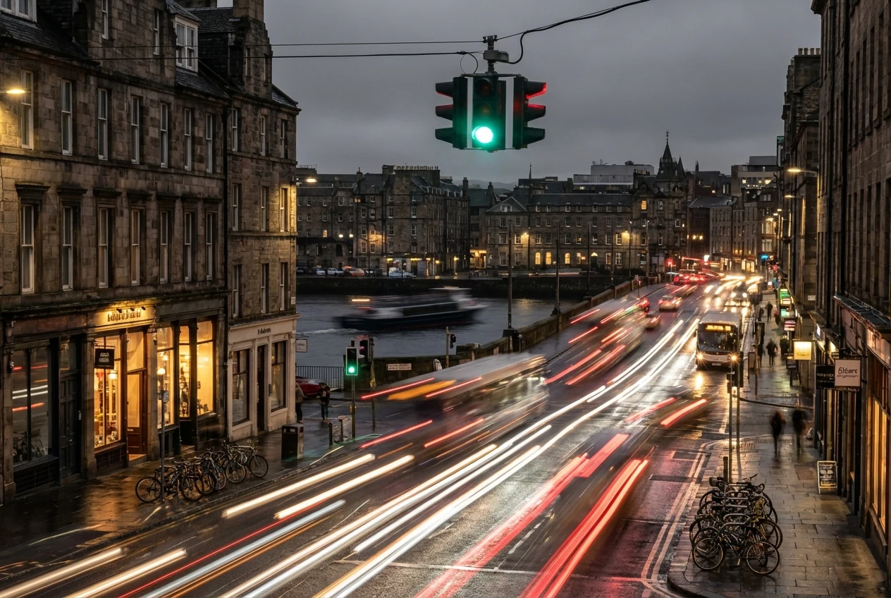 Night traffic scene with clean light trails to show when a slow shutter speed is used for effect