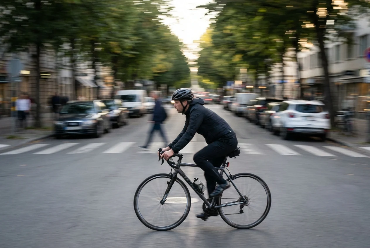 Cyclist photographed with a panning effect so the subject stays partly readable while the background blurs with motion