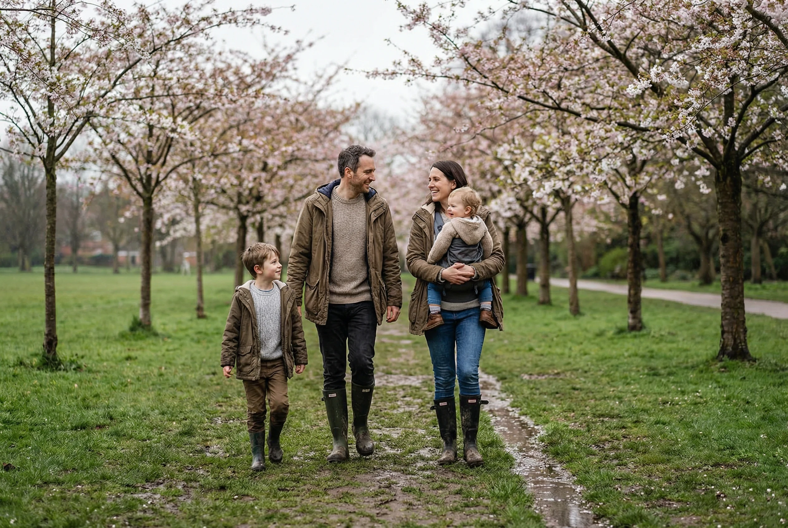Familia caminando por un parque de primavera bajo árboles en flor