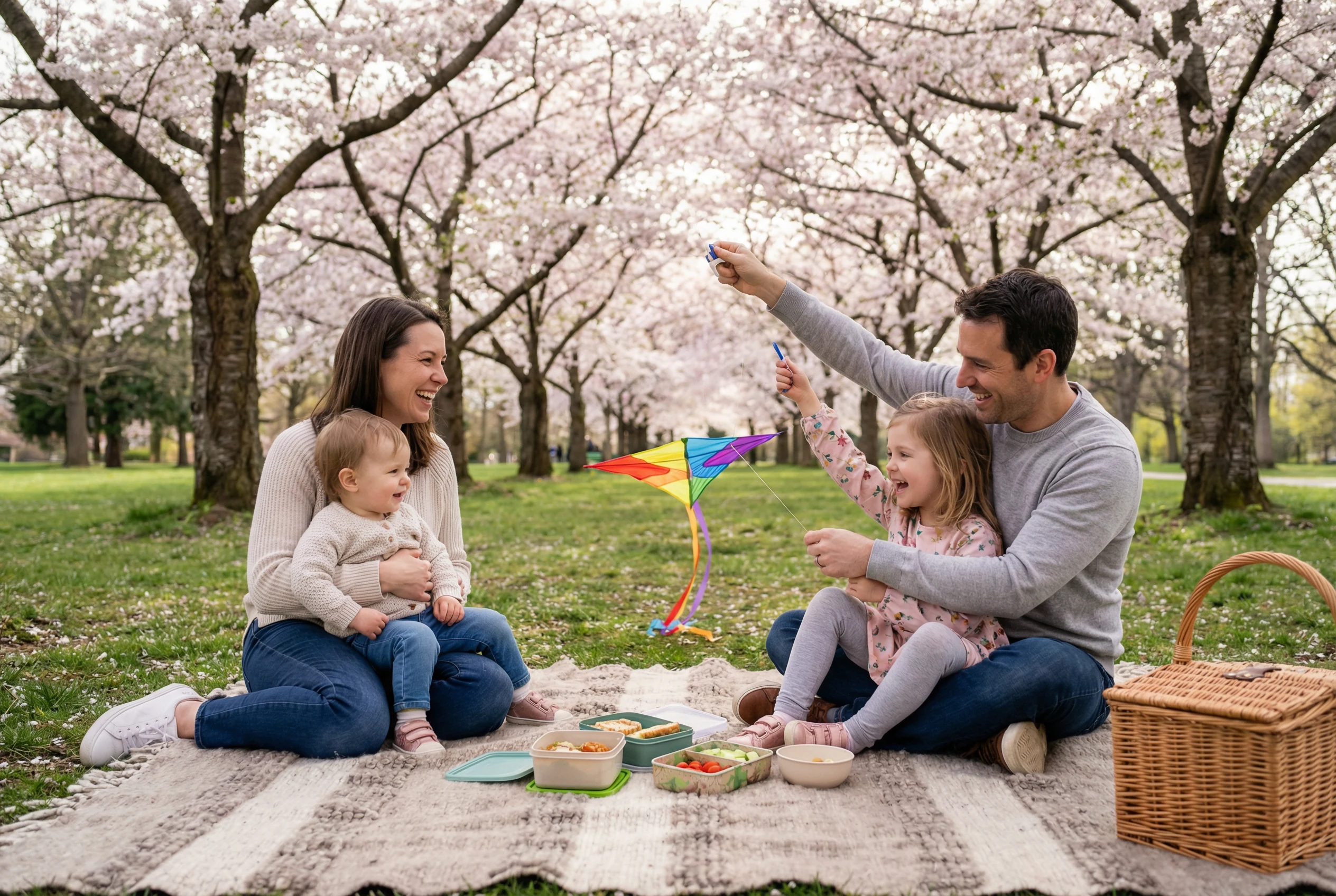 Familia disfrutando de un picnic de primavera bajo árboles en flor