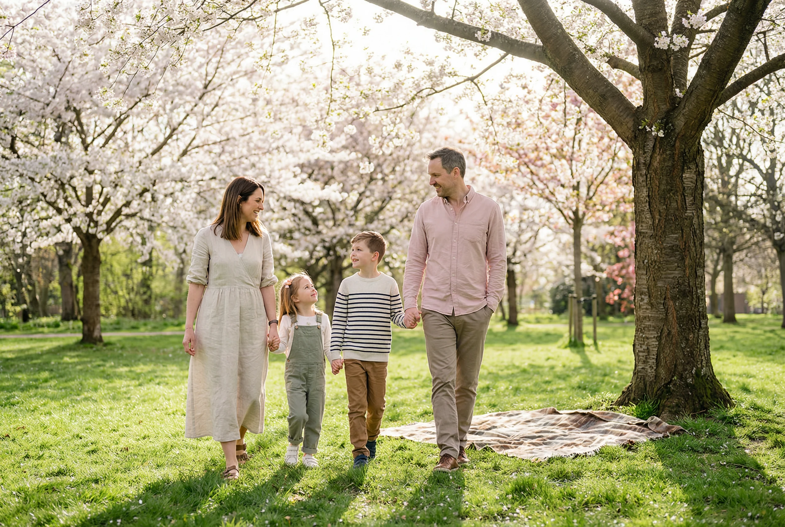 Familia moviéndose con naturalidad por un parque de primavera con flores