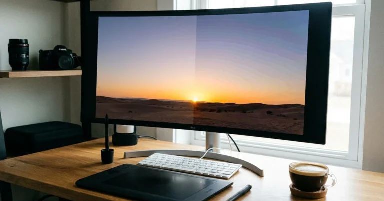 Espacio de edición comparando gradientes suaves y banding en una imagen fija para mostrar qué cambia la profundidad de color en trabajo fotográfico real