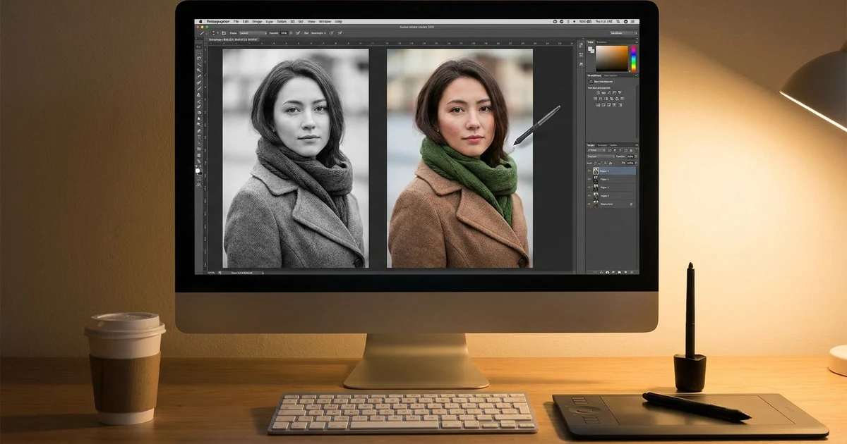 Comparación de una foto en blanco y negro y su colorización para mostrar cómo añadir color sin que el resultado se vea falso