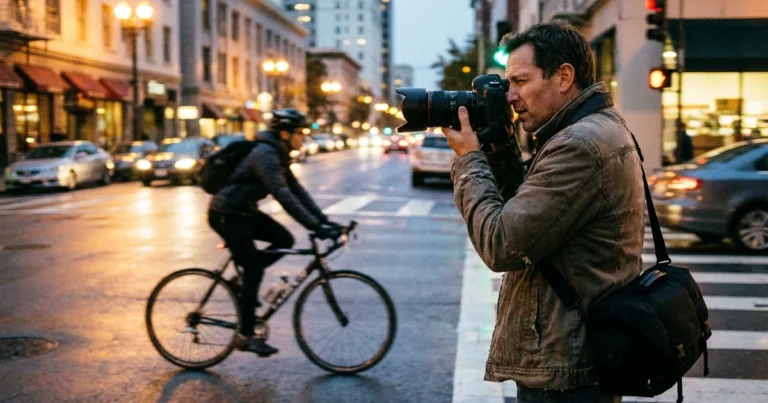 Fotógrafo siguiendo a un ciclista en movimiento al atardecer para mostrar cómo la velocidad de obturación afecta al movimiento y a la exposición